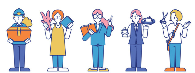 女性の職業セット（全身）（配達,物流,保育,講師,店員,飲食,美容）