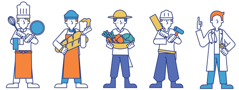 男性の職業セット（全身）（シェフ,パン屋,八百屋,大工,医者）