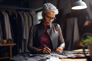 Middle aged stylish black American woman fashion designer drawing sketches in studio. Mature old adult elegant grey-haired lady dressmaker small business owner creating new fashion design - Powered by Adobe