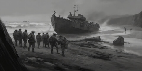 The tragic Normandy landings during World War II - Generative AI - obrazy, fototapety, plakaty