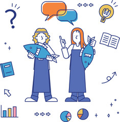 魚業に従事する男女のセット（全身）