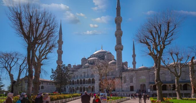 Istanbul sultan ahmed mosque, blue mosque istanbul infront of mosque timelapse people walking in front of istanbul mosque.