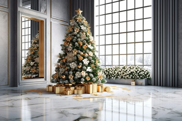 Christmas tree with gold and white decorations and gifts in a modern interior - 633640390