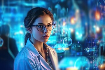Portrait pretty young woman doctor or scientist wearing white coat and standing in laboratory or hospital looking at camera, copy space. Medicine and pharmaceuticals theme