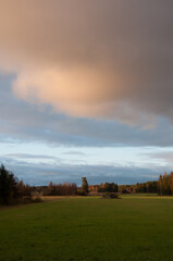 Green fields and forests in Western Finland in autumn