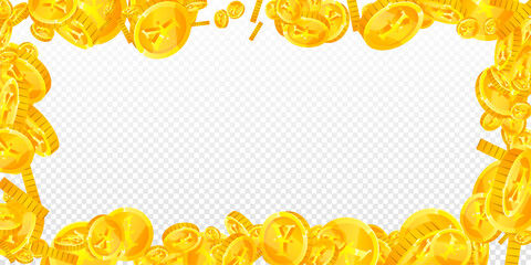Japanese yen coins falling. Scattered gold JPY