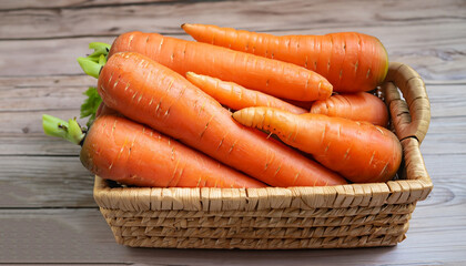 Carrots in a wicker box. A lot of carrots in a wicker basket. Carrots are stacked with a basket. Orange vegetables for diet and healthy eating. Carrots on a wooden background.