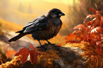 Crow with nature background style with autum