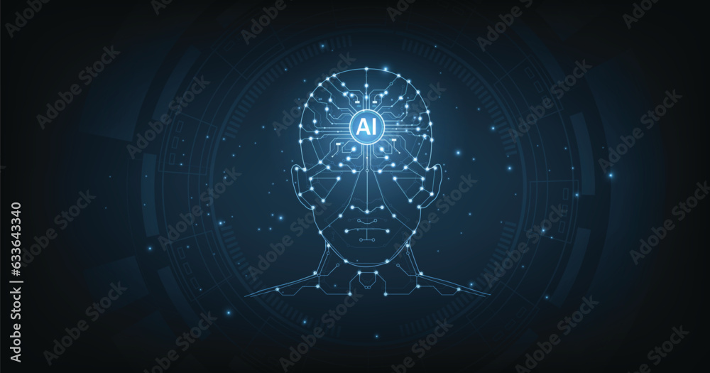 Poster Concept of artificial intelligence(AI) and Electronic Brain. Graphic of a digital brain and Human head outline made from the circuit board, connecting on dark blue background.	