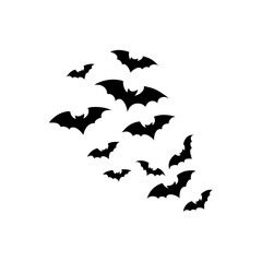 Cave black bats group, vector Halloween background. Flying fox night creatures illustration. Silhouettes of flying bats traditional Halloween symbols.