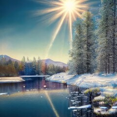 Winter landscape with lake, snow, forest and beautiful sun light