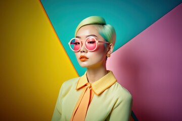 60s fashion, bold pop art, photo shoot style, of beautiful albino asian women, closed eyes with bold 1960s funky big bold glasses, pastel color palette makeup, pastel background
