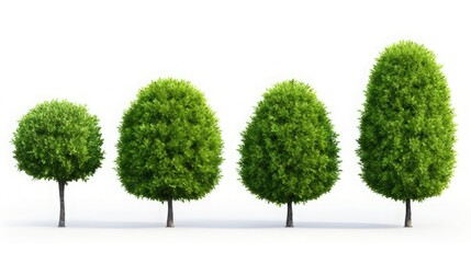 High-definition collection of boisterous boxwood trees isolated on white background