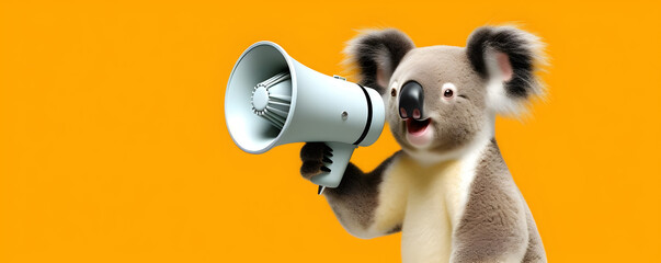 Koala bear announcing using hand speaker. Notifying, warning, announcement