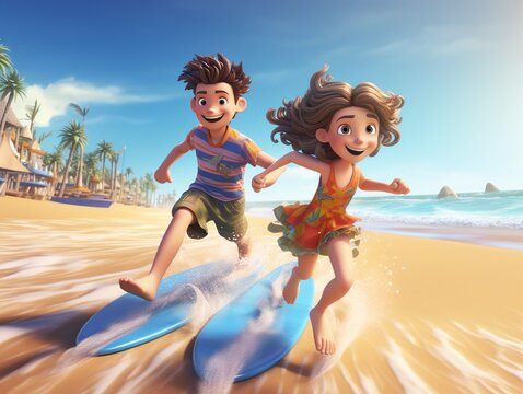 Kids cartoon runing at beach, happy summer, 3D illustration ,Generative AI