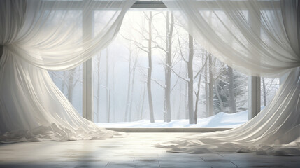 Ethereal Drapes: Sheer White Curtains Gently Billowing in the Breeze, Creating an Airy and Serene Atmosphere 