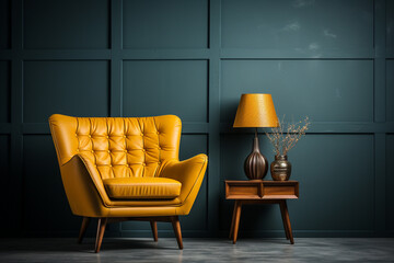 Living room with a beautiful and stylish yellow armchair in front empty wall I 