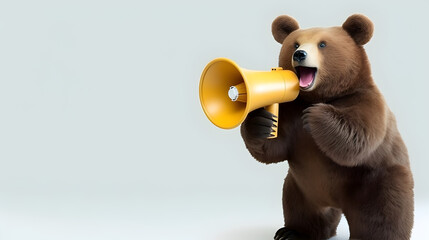 Bear announcing using hand speaker. Notifying, warning, announcement