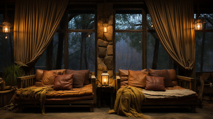 Rustic Retreat: Burlap Curtains Hanging in a Cozy Cabin, Adding a Rustic Touch to the Interiors 
