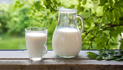 A jug of milk against the background of tree branches. Milk in a jug on the windowsill of the pergola. Jug of milk on a background of green tree leaves. Milk and rustic style. Country style.