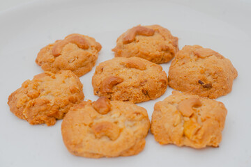 cookies with  mango seeds. Healthy snack concept. Sweet dessert. Close up image.on white background.