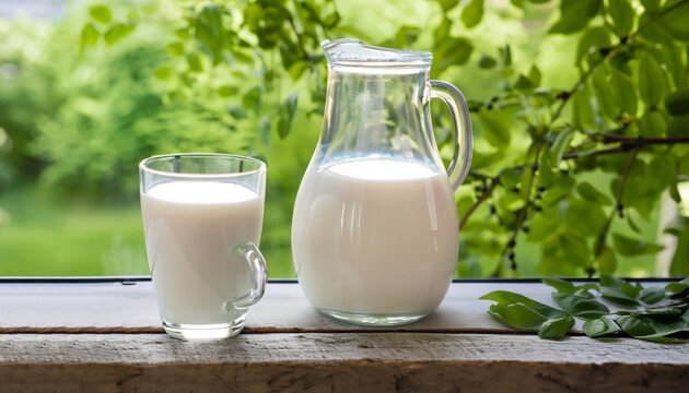 A jug of milk against the background of tree branches. Milk in a jug on the windowsill of the pergola. Jug of milk on a background of green tree leaves. Milk and rustic style. Country style.