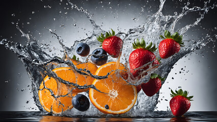 A glass of water with strawberries oranges and blueberries in it splash image. generative AI
