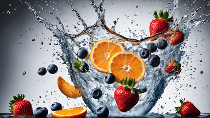 A glass of water with strawberries oranges and blueberries in it splash image. generative AI