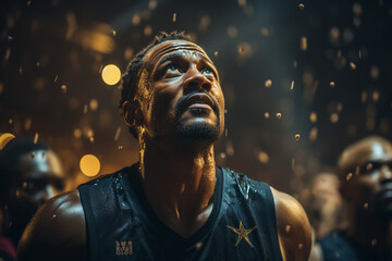 African american basketball player looking up on dark arena background