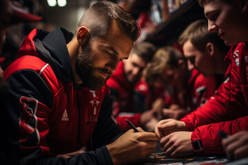 Coach and team under stress sitting in the changing room during halftime of a game