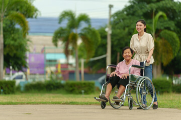 granddaughter pushing senior woman in wheelchair at park