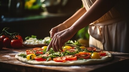 Obraz na płótnie Canvas Woman is cooking italian pizza