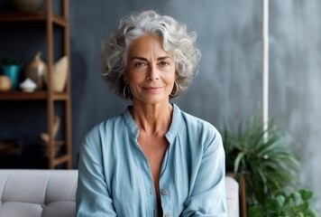 Attractive elderly woman standing in office at home