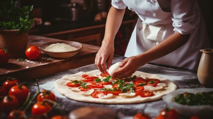 Obraz na płótnie Canvas Woman is cooking italian pizza