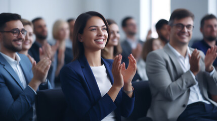 Fototapeta premium Conference, team of coworkers clapping hands for success of presentation Support, achievement and diverse group of people applauding together in business meeting. 