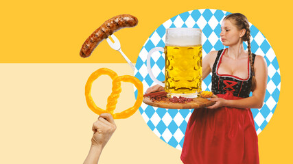 Beautiful young woman, waitress in german pub serving beer and appetizers. Contemporary art collage. Concept of Oktoberfest, holiday, traditional festival, alcohol drink. Poster, ad. Banner - Powered by Adobe