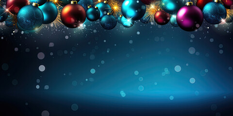 Obraz na płótnie Canvas shiny christmas banner with colorful baubles and copy space on a blue background
