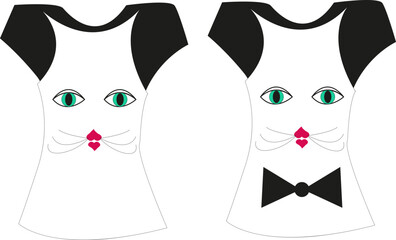 T-shirt - kitty. White cat character in two versions. Vector illustration isolated.