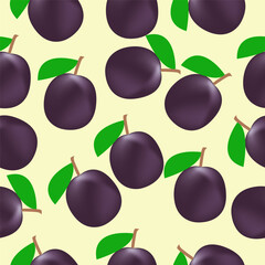 Fruit background - ripe plums on a light yellow background. Seamless pattern Vector illustaration.