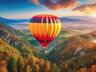 Colorful hot air balloon flying over mountain