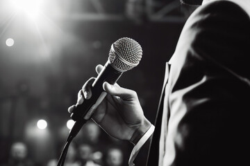 Close up of microphone in hand of singer. Singer on stage raising hand with microphone.