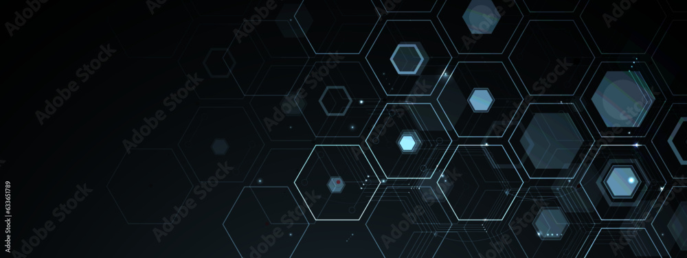 Poster technology banner design with hexagons abstract background.