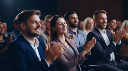 Obraz premium Conference, team of coworkers clapping hands for success of presentation Support, achievement and diverse group of people applauding together in business meeting. 