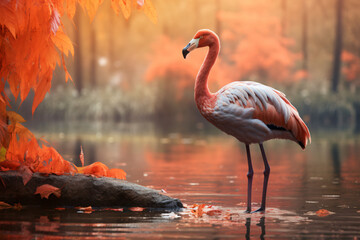 Flamingo with nature background style with autum
