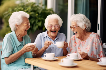 Senior friends laughing happily while having tea