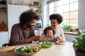 Happy diverse multiethnic family spending time in kitchen