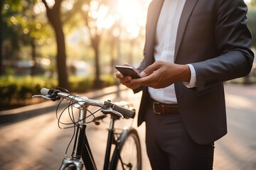 Indian business man holding smartphone using bike rental