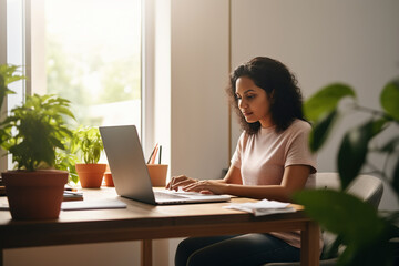 Young woman, female latin employee using laptop remote working at home office looking at computer talking having hybrid virtual meeting learning english communicating by video call, elearning webinar