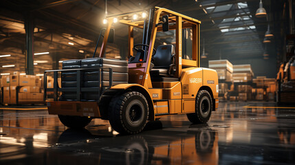 a fork truck in a warehouse with boxes