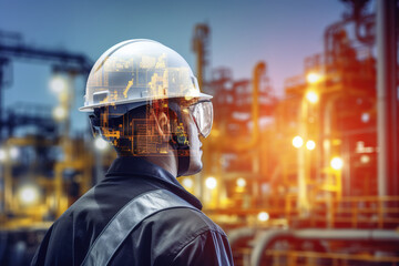 Double exposure of Engineer with safety helmet with oil refinery industry plant background